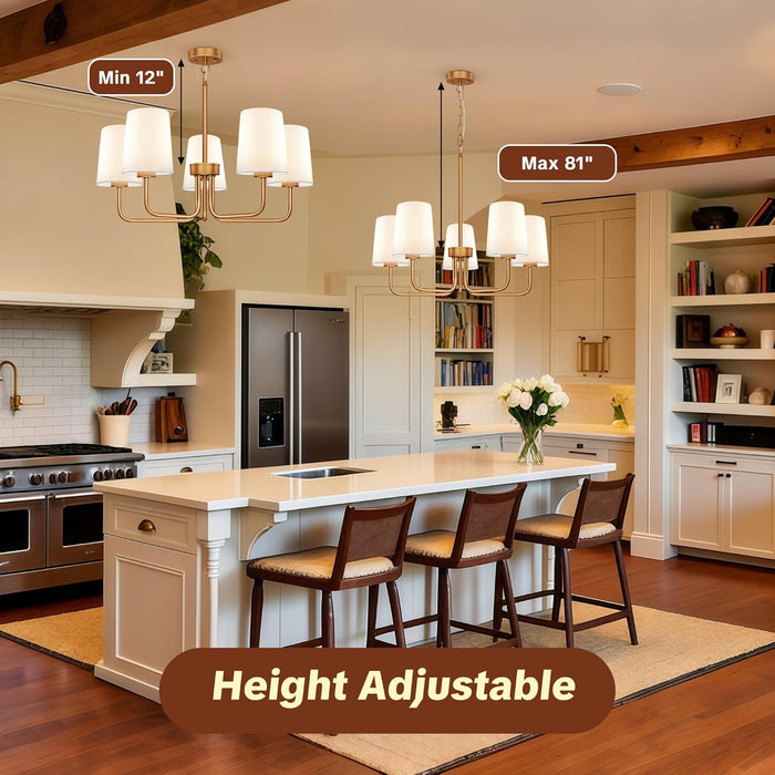 Farmhouse Chandelier, 5-Light Brass Chandelier with White Fabric Shade, Height Adjustable Modern Dining Room Light Fixture with E26 Base for Bedroom Foyer Hallway Entryway Kitchen Living Room