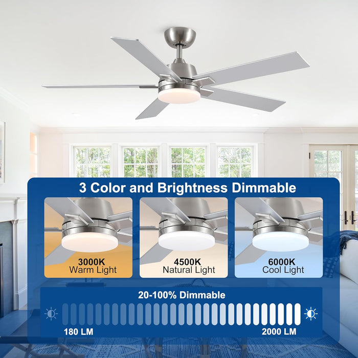 52 Inch Ceiling Fans with Lights and Remote, Brushed Nickel Ceiling Fan, 6 Speed Reversible DC Motor, 3CCT Dimmable LED, Modern Design for Bedroom, Living Room & Covered Outdoor,Includes Downrod
