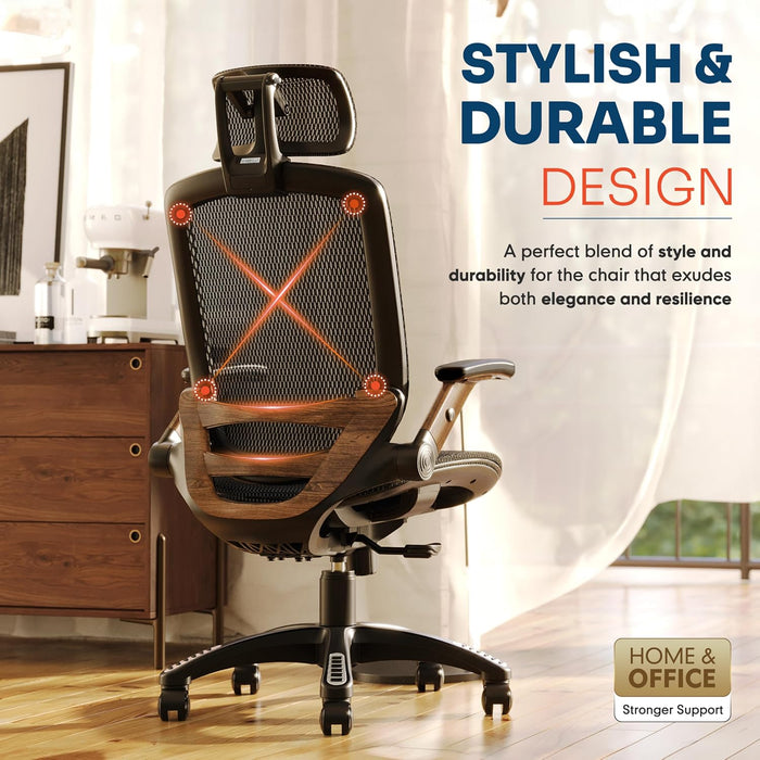 Ergonomic Office Chair, High Back Home Desk Chair with 2D Flip-Up Arms, 3D Headrest, 90-120° Tilt and Wide Cushion, Big and Tall Mesh Chairs for Man Woman, Computer Task Chair Dark Wood Grain