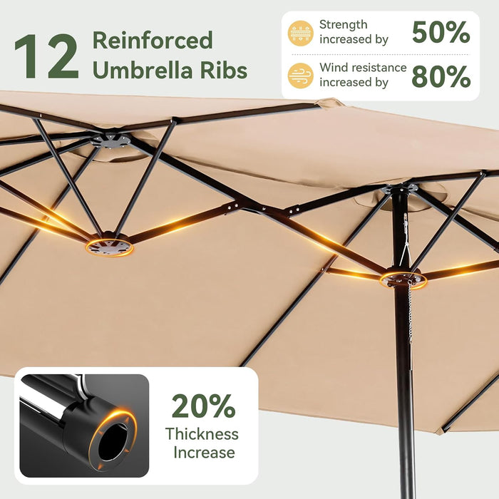 15Ft Patio Umbrella with Base Included, Outdoor Double-Sided Rectangular Umbrella with Crank Handle & Ventilation, Large Standing Umbrella for Pool, Deck, Lawn, Backyard & Beach, Beige