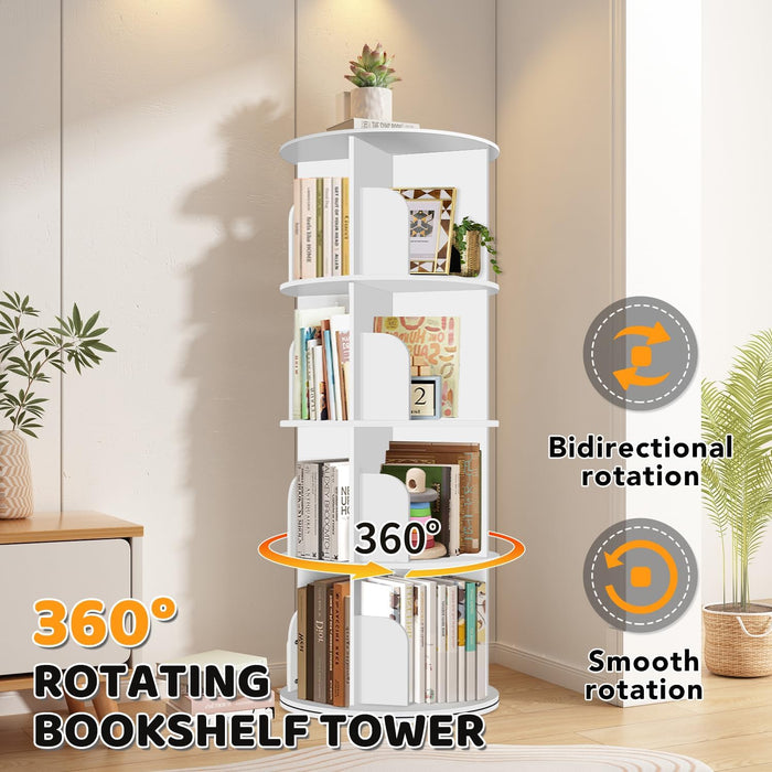 White 4 Tier Rotating Bookshelf Tower StorageSolution