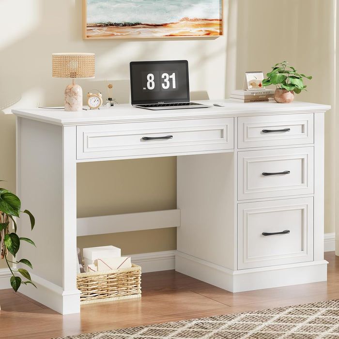 Farmhouse 47" Executive Desk with File Drawer, Computer Desk with 4 Drawers, Workstation for Writing, Study, Home Office, Cream White.