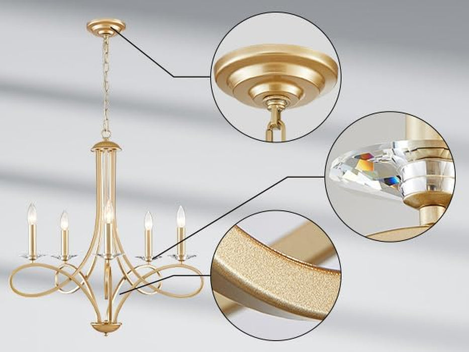 Gold Five Light Chandelier Fixture Crystal Accents