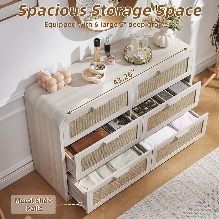 Rattan 6 Drawer Dresser for Bedroom, Grey White