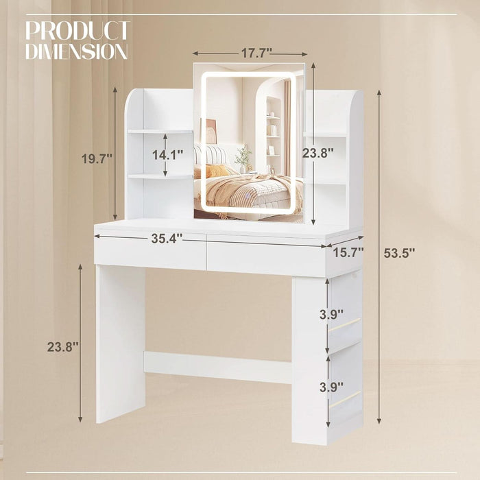 Vanity Desk with Mirror and LED Lights, Makeup Vanity Table with 3 Lighting Color, Adjustable Brightness, Vanity Table with 2 Drawers, Side Storage, for Bedroom (White, No Bench)