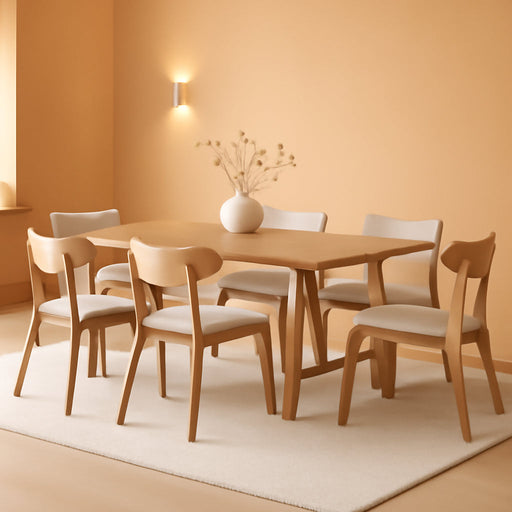 Abraham Mid-Century Modern 7 Piece Dining Set with A-Frame Table, Light Beige + Natural Oak