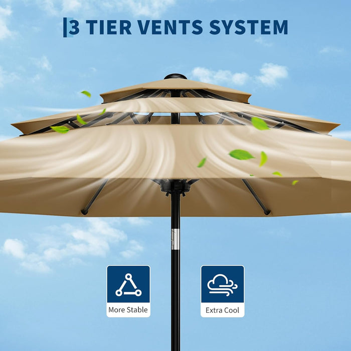 10Ft 3-Tier Patio Umbrella, Outdoor Table Umbrella with Vents, Easy Crank and Push Button Tilt, Market Umbrella with 8 Sturdy Ribs for Pool, Deck, Yard, Garden -Tan