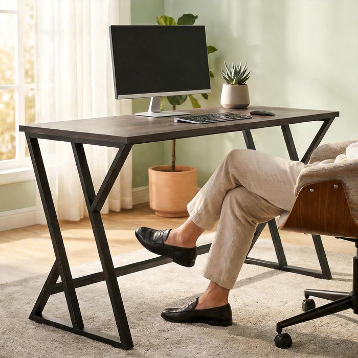 55 Inch Computer Desk, Industrial Writing Desk with Z-Shaped Metal Leg, Study Table for Home Office, Bedroom, Small Spaces, Distressed Gray