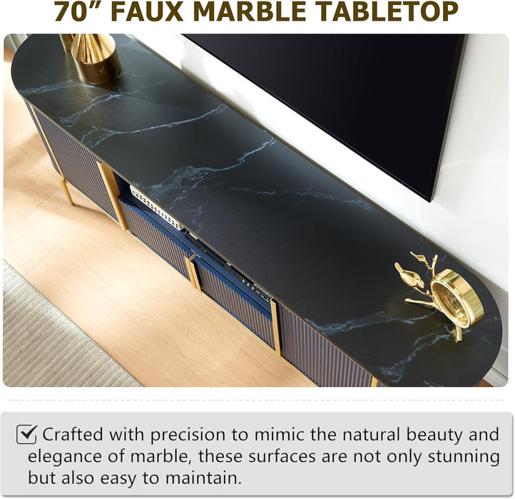 Luxury 70" Fluted TV Stand, Modern Chic Entertainment Center for Tvs up to 80 Inches, TV Console with Faux Marble Top, Curved Profile Design, Media Console for Living Room, Navy Blue