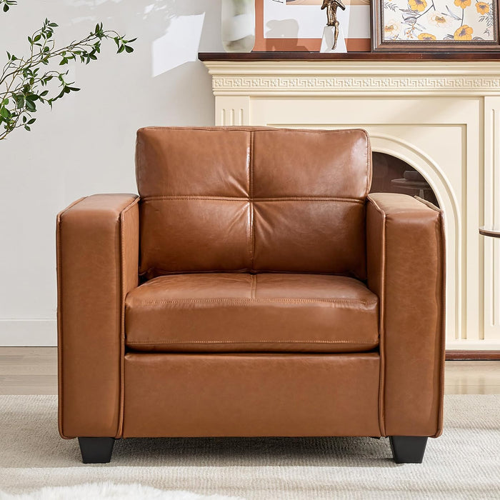 Brown Faux Leather Accent Chair, Comfy Living Room Chair Reading Oversized Accent Chairs Tufted Mid Century Modern Arm Chair, 38.58" Wide Armchair for Office Bedroom Lobby