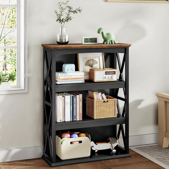 4-Tier Bookshelf, 42.9" Small Bookcase, Floor Standing Organizer Shelf, Corner Book Shelf, Metal Frame Bookshelves for Study, Bedroom, Living Room, Black and Walnut TSJ01BL