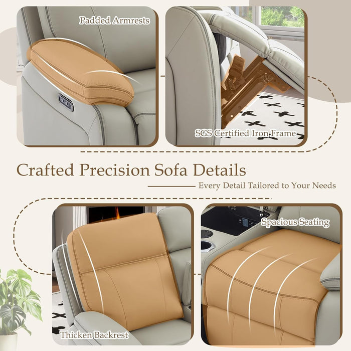 Power Reclining Sofa with Fold down Table, Breathable Leather Electric Reclining Couch, Power Loveseat Recliner Sofa with Cup Holders/Outlets/Usb-C/A Ports for Living Room(Grey, 3 Seat)