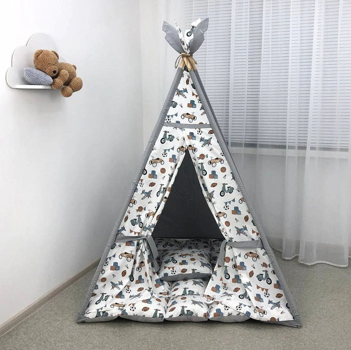 Gray Teepee with Toys Boys Playhouse