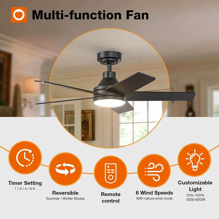 Ceiling Fans with Lights, 42 Inch Black Ceiling Fan with Light and Remote Control, Reversible, 3CCT, Dimmable, Noiseless, Small Ceiling Fan for Bedroom, Farmhouse, Indoor/Outdoor Use