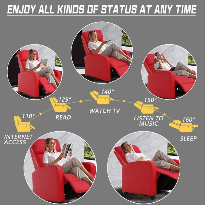 Modern for Living Room Recliner Sofa Reading Chair Winback Single Sofa Theater Seating Lounge with PU Leather Padded Seat Backrest,Red