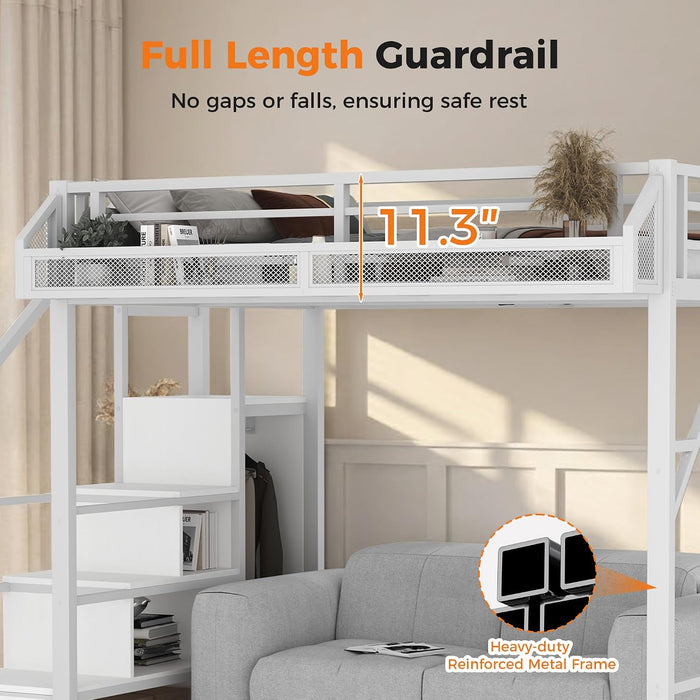 Full Size Loft Bed with Built-In Storage Stairs, Wardrobe, Metal High Loft Bed Frame with Sided Guardrail, Solid Slats, Space Saving Loft Bunk Bed Frame with Wardrobe for Kids Teens, White