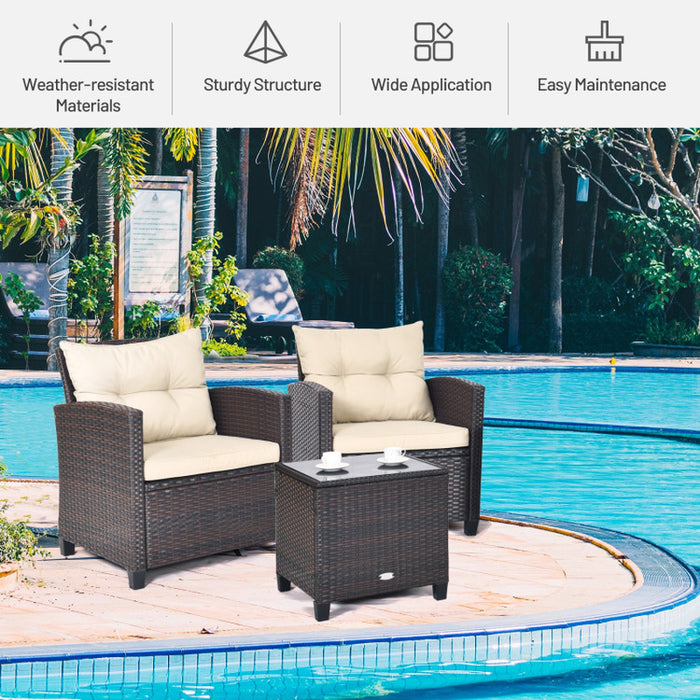 3 Pieces Rattan Patio Furniture Set with Washable Cushion