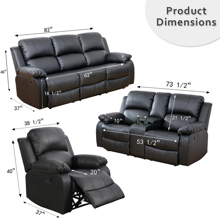Bonded Leather Reclining Sofa Set with Cup Holders and Storage Console