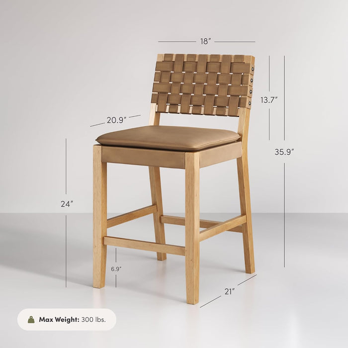 Nathan James Cohen Mid-Century Modern Leather Bar Stool, Counter Height Chair in Solid Wood Frame with Footrest and Woven Leather Back for Kitchen, Natural Brown, 1 Count, Barstool - 24"