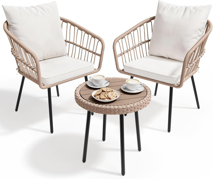 3 Pieces Outdoor Wicker Patio Conversation Bistro Set, All-Weather Rattan Patio Furniture Set with Table & Cushions, Outdoor Sectional Sofa for Patio, Balcony, Backyard, Deck