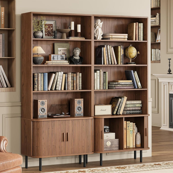 71" Tall Bookshelf with Cabinet, 5 Tier Fluted Bookcase Walnut | with Sliding Door, Adjustable Display Shelf, Free Standing Cube Storage Organizer, Wood Shelving Unit Living Room & Office