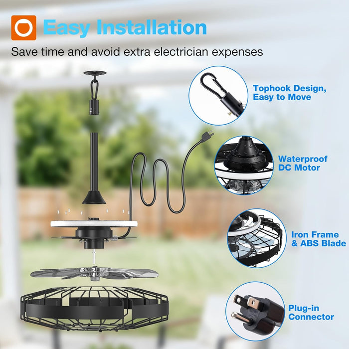 20 Inch Outdoor Ceiling Fan with Light for Patio, IP65 Waterproof Plug in Caged Hanging Fan, Remote Control, 3 CCT, 6 Speeds Reversible Outdoor Fan for Gazebo, Pergola, Porch