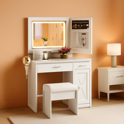 Vanity Desk with Mirror and Lights, Jewelry Storage Cabinet, Farmhouse White Makeup Vanity Desk with Charging Station, 3 Drawers, 3 Lighting Modes, Bedroom Vanity Dressing Table with Stool