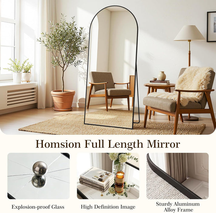 76"X34" Arched Full Length Mirror with Stand, Free Standing Leaning Wall Mounted Aluminum Alloy Frame Mirror for Bedroom Living Room Cloakroom, Black
