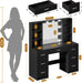 Black Vanity Desk with Mirror and Lights, 3 Lighting Modes Brightness Adjustable, Makeup Vanity Table with 7 Drawers, 6 Shelves and Power Outlet, Girls Vanity, Dressing Table for Bedroom
