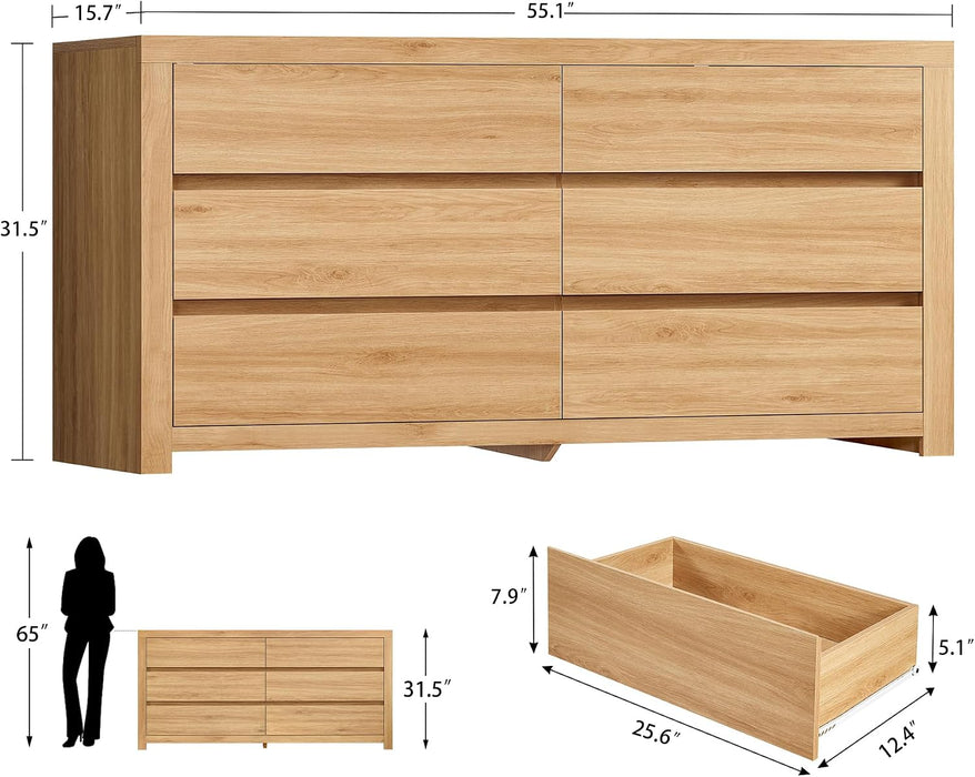 55" Dresser for Bedroom with 6 Drawers, Modern Dressers & Chests of Drawers with Thicker Panels, Wooden Dresser TV Stand, Bedroom Dressers, for Bedroom, Hallway, Natural