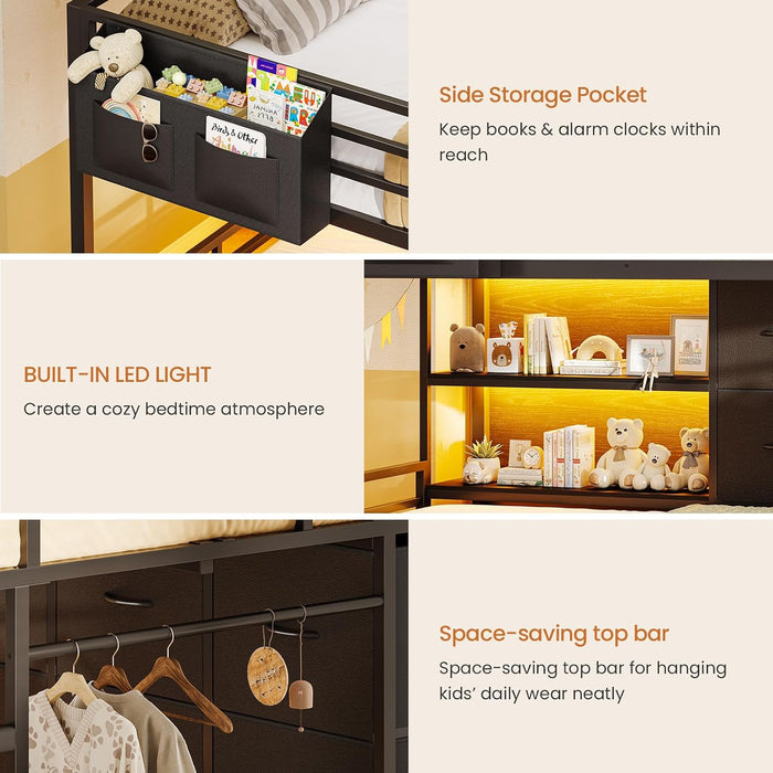 Full over Twin Bunk Bed with 6 Drawers, Metal Frame Bunk Bed with LED Lights, Convertible Storage Bunk Bed with Extra-High Guardrails & Non-Slip Ladder, 2-Way Installation,For Teens, Black