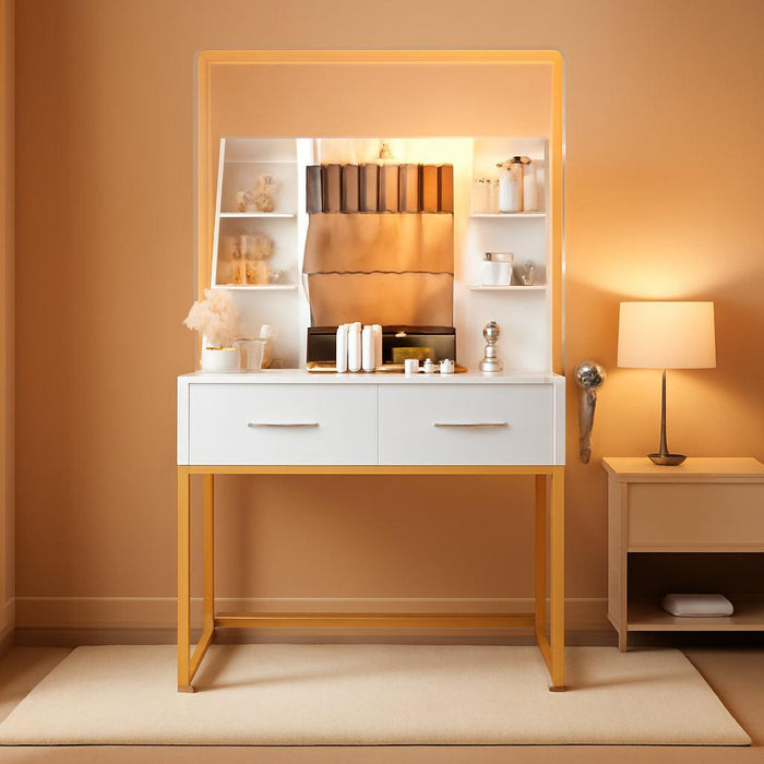 Vanity Desk with Mirror, Makeup Table with 2 Large Drawers, Power Outlet and round Holder, 3 Color Modes Adjustable Bulb, White & Gold