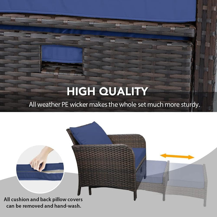 Balcony Furniture 5 Piece Patio Conversation Set, PE Wicker Rattan Outdoor Lounge Chairs with Soft Cushions 2 Ottoman&Glass Table for Porch, Lawn-Brown Wicker