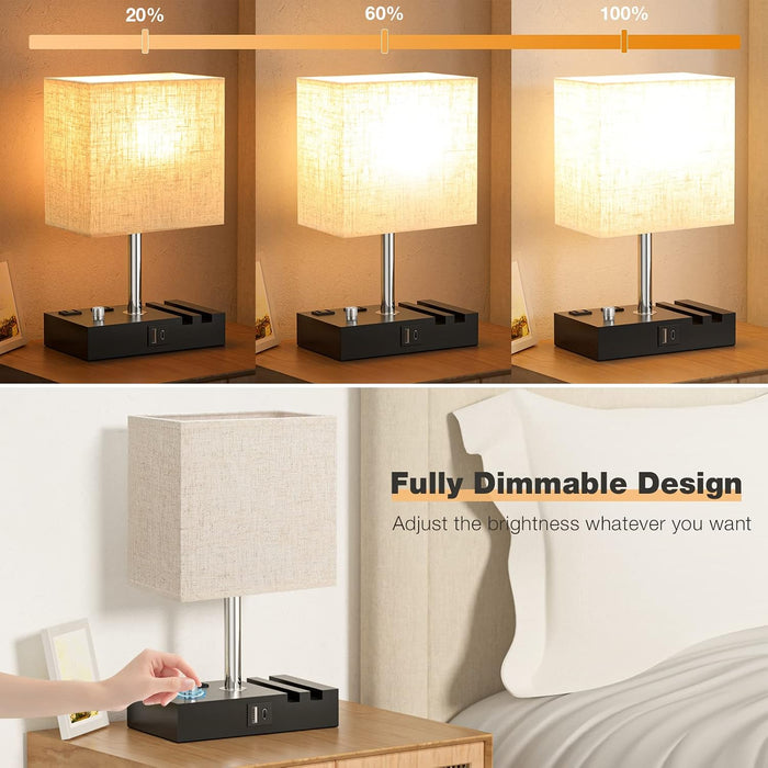 Beige Bedside Table Lamps Set of 2 - Dimmable, USB C+A, 2 AC Outlets