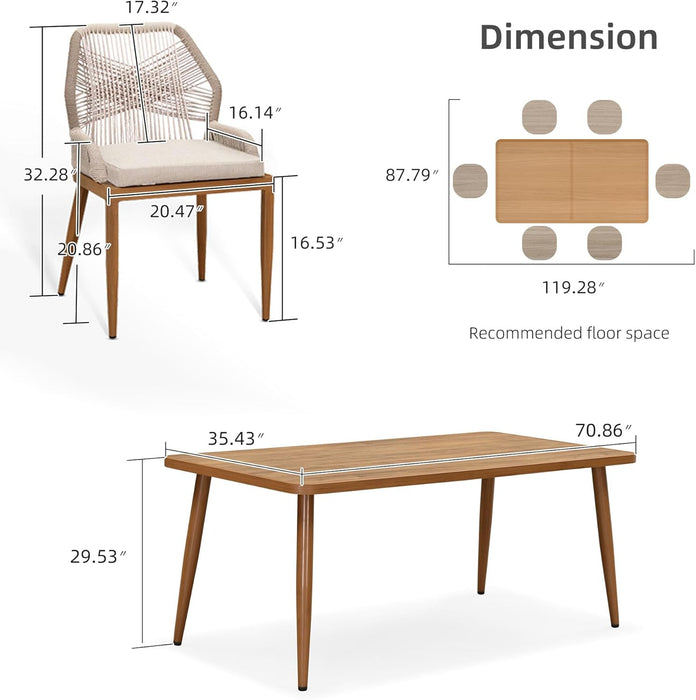 7 Pieces Dining Set Patio Metal Rectangular Table and Wicker Rattan Chairs for outside Porch Garden Kitchen Modern Outdoor Furniture Sets