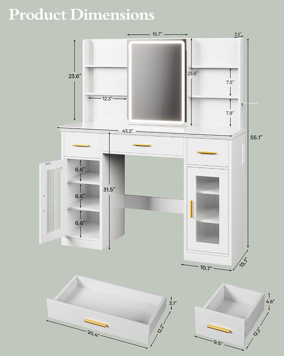 Vanity Desk with Mirror and Lights, 43.5" Makeup Vanity with 3 Adjustable Lighting Modes, Large Vanity Desk with Sliding Mirror with 4 Drawers & 2 Cabinets, Power Outlets, White
