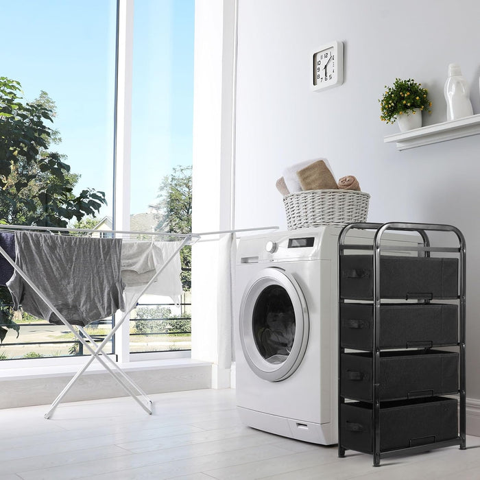 4 Drawer Narrow Dresser Fabric Storage Tower Vertical Slim Storage Chest Organizer Nightstand Side/End Table Small Standing Organizer Removable Drawers Wood Top for Bedroom, Bathroom（Black)