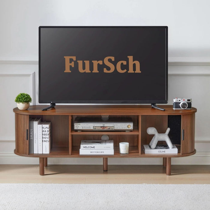 54" Tambour Door TV Stand,Wood Mid Century Modern TV Cabinet for up to 65“ Tv,Curved Edge Long TV Stand with Storage for Bedroom Living Room(Walnut, 54Inch)