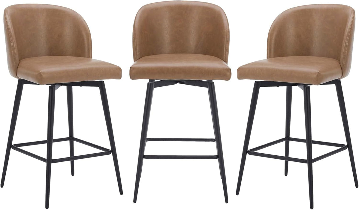 Counter Height Bar Stools Set of 3, 360° Swivel Upholstered Barstools with Backs and Metal Legs, 26" H Seat Height, Faux Leather in Saddle Brown