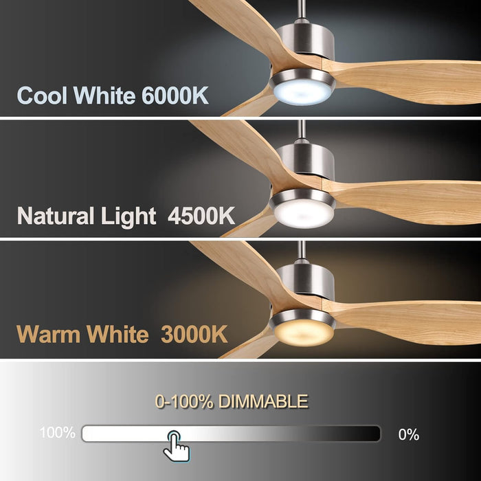 52 Inch Wood Ceiling Fans with Lights Remote Control, 6 Speed Quiet DC Motor 3 Blade Smart Ceiling Fan for Indoor Living Room Bedroom