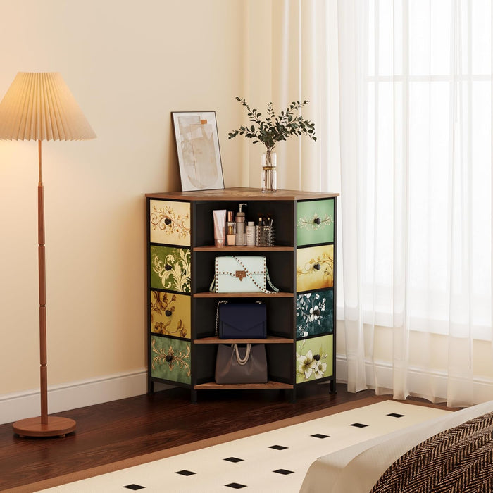8 Drawers Corner Dresser with Storage Fabric Drawers and Open Shelves for Small Space，Bedroom，Entryway，Living Room (Retro Pattern)