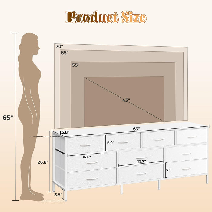 63 Inch Dresser for Bedroom, Long Dresser with 10 Fabric Drawers, TV Stand for 55, 65, 70 Inch TV, Toy Storage Organizer for Closet, White