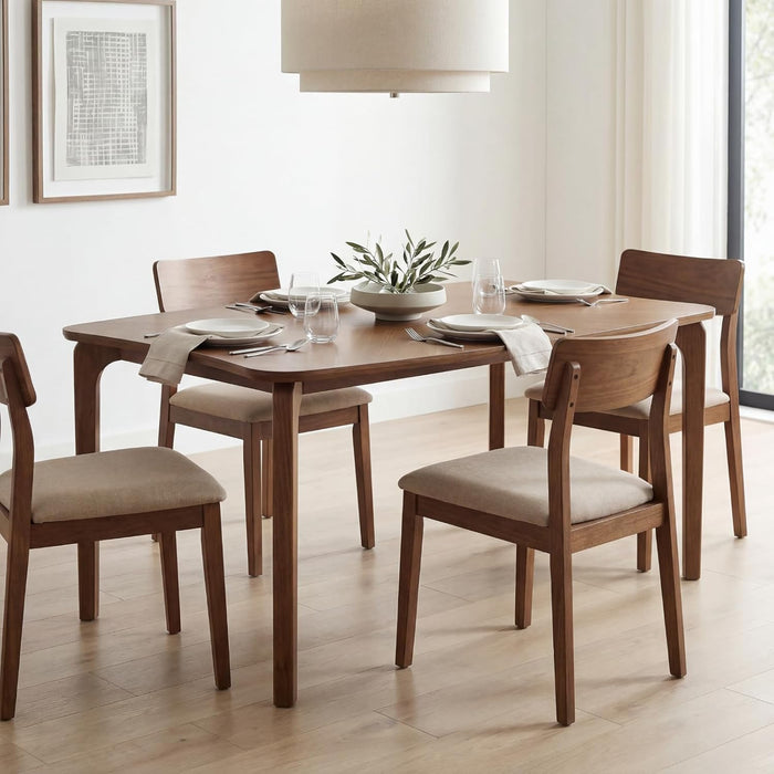 Mid-Century Modern Walnut Color Dining Table, 63" Rectangular Kitchen Table with Solid Wood Legs, Curved Edges, 6-Person Table for Dining Room Living Room Kitchen