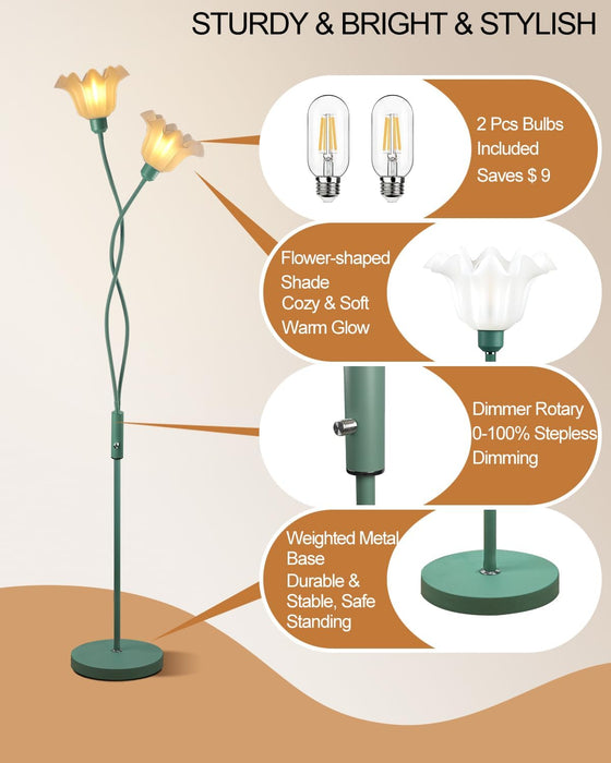 Flower Floor Lamp for Living Room, Modern Dimmable Floor Lamp with DIY Goosenecks & Bulbs Included, Spring Green 2 Light Standing Tall Lamp for Bedroom/Kids Room/Sofa Beside/Corner Decor