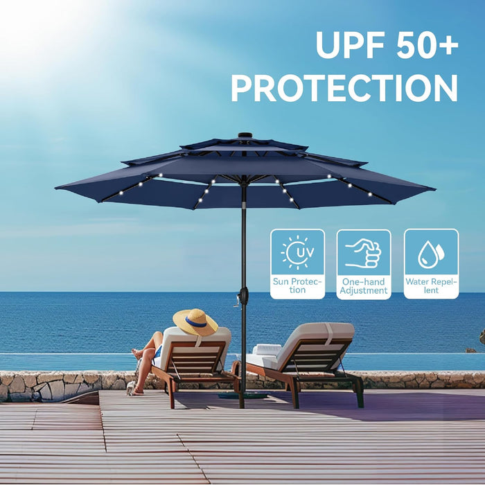 10Ft Patio Umbrella with Solar Lights, Auto-Tilt Lighted Market Table Umbrellas with Crank, 8 Sturdy Ribs & 1.5" Pole Outdoor Umbrellas for Patio Garden Deck Backyard Pool, Navy Blue