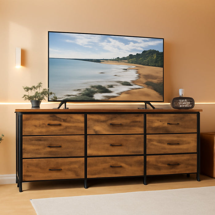 BELLAH Collection - Dresser for Bedroom, TV Stand for Tvs up to 70 Inches, Chest of Drawers for Living Room, Closet, Steel, 9 Drawers, Industrial, Rustic Brown and Ink Black ULGS233KD02S