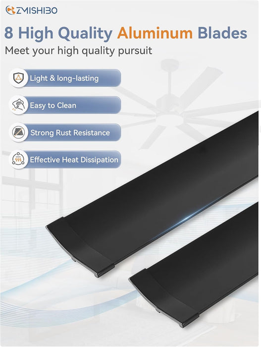 72 Inch Aluminium Blade Ceiling Fans with Lights and Remote, Outdoor Ceiling Fans for Patio Living Room with Quiet DC Motor, 6 Speed Reversible, 3 CCT, Black Industrial Ceiling Fan, 8 Blades