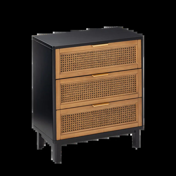 Aril 3-Drawer Woven Cane Front Accent Chest, Mid Century Modern 3 Drawers Nightstand