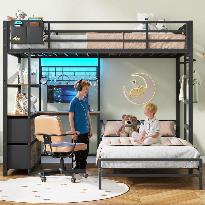 Black ExtraLongXL Over Twin Bunk Bed WithLEDLightingStorage