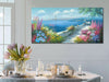 Blue Landscape Wall Art Canvas for Living Room Ocean Coastal Mediterranean Painting Bedroom 100% Hand Painted Seascape Garden Flower Picture Artwork Large Framed Home Office Wall Decor, 48"X24"